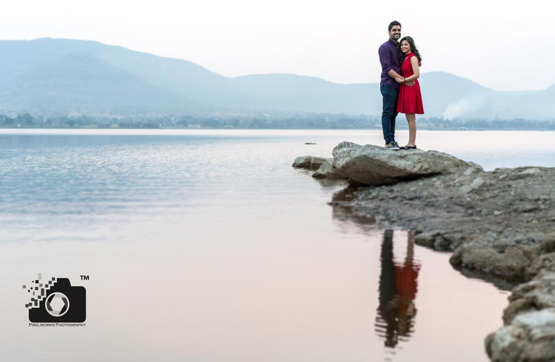 lake pre wedding shoot red dress