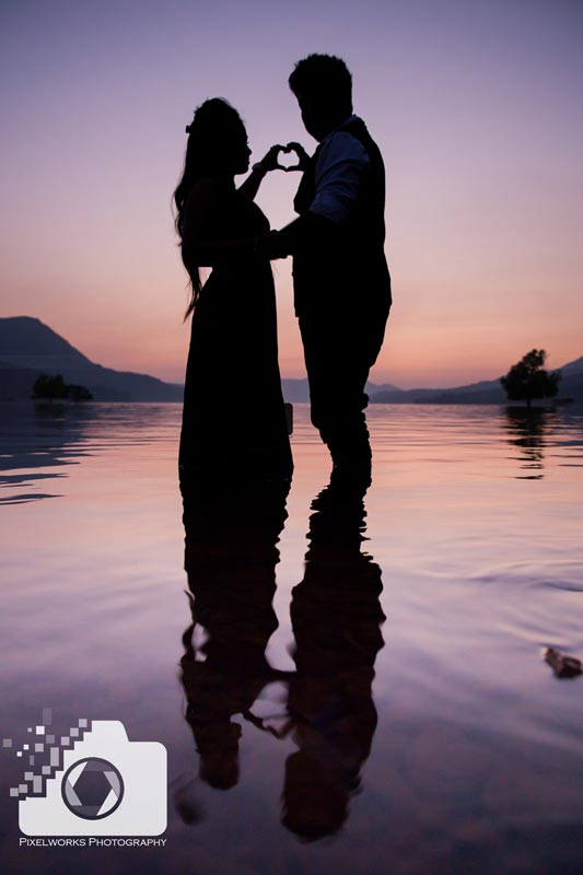 Lake pre wedding shoot sunset heart